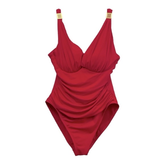 GENTLY USED RED LA BLANCA ONE PIECE BATHING SUIT WITH GOLD EMBELLISHMENT SIZE 14 - Picture 1 of 13